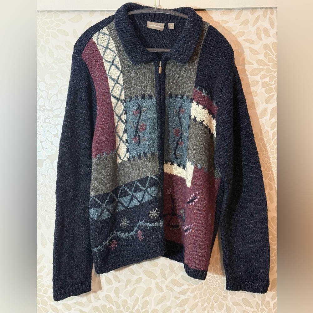 Vintage Croft & Barrow Women’s XL Navy Flower Patchwork Zip Cardigan Sweater